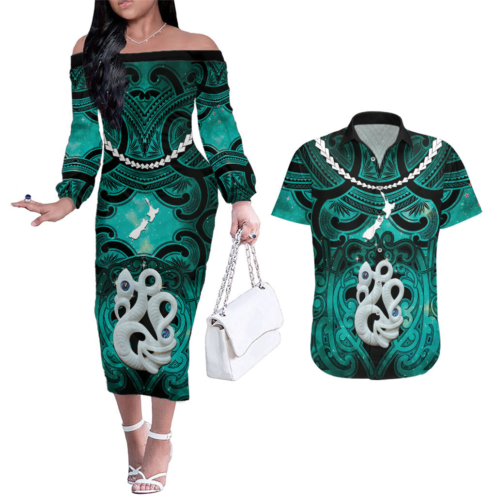 Personalised Maori Matariki Manaia Turquoise Couples Matching Off The Shoulder Long Sleeve Dress and Hawaiian Shirt Maori Kowhaiwhai Pattern Galaxy LT01 Turquoise - Polynesian Pride
