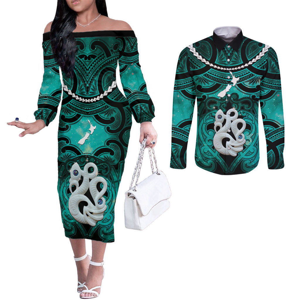 Personalised Maori Matariki Manaia Turquoise Couples Matching Off The Shoulder Long Sleeve Dress and Long Sleeve Button Shirt Maori Kowhaiwhai Pattern Galaxy LT01 Turquoise - Polynesian Pride