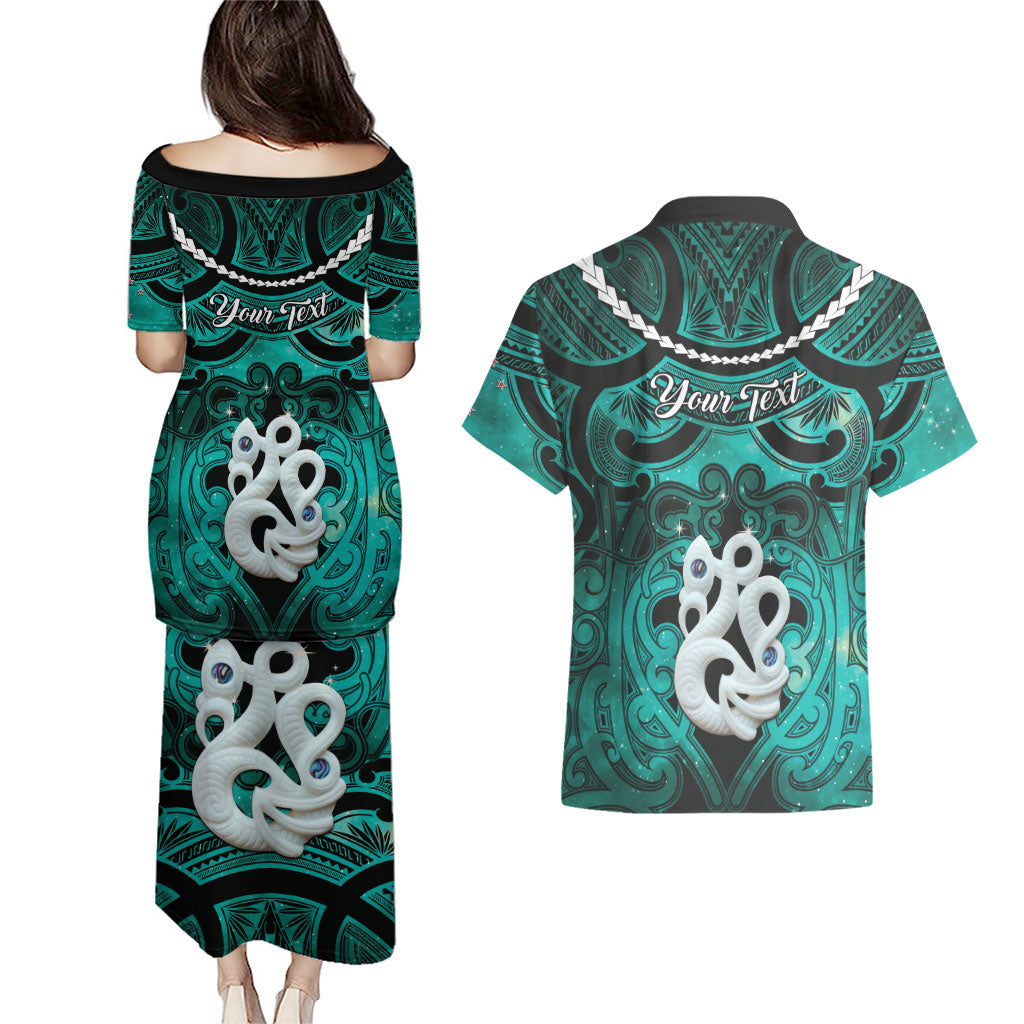 Personalised Maori Matariki Manaia Turquoise Couples Matching Puletasi and Hawaiian Shirt Maori Kowhaiwhai Pattern Galaxy LT01 - Polynesian Pride