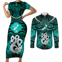 Personalised Maori Matariki Manaia Turquoise Couples Matching Short Sleeve Bodycon Dress and Long Sleeve Button Shirt Maori Kowhaiwhai Pattern Galaxy LT01 Turquoise - Polynesian Pride