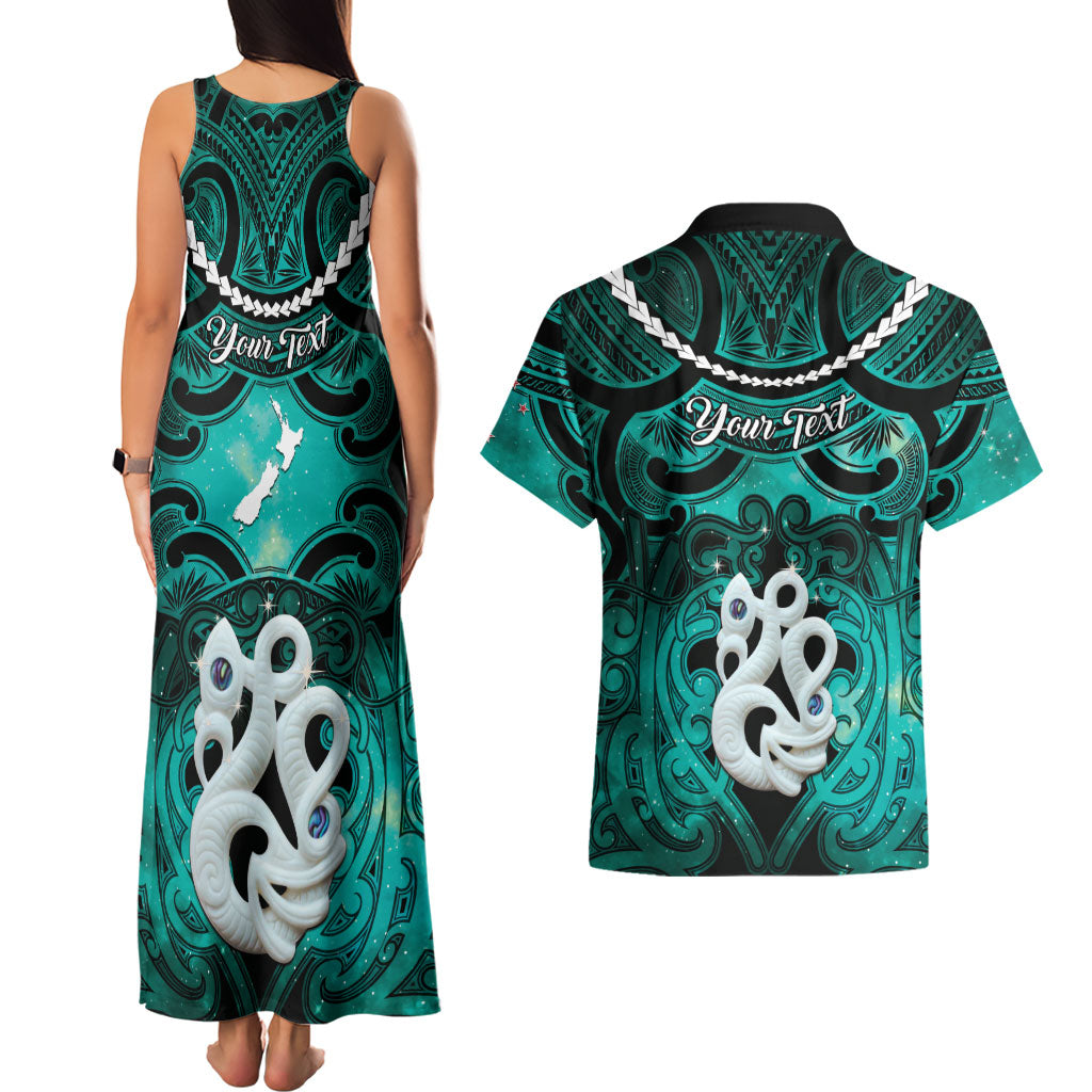 Personalised Maori Matariki Manaia Turquoise Couples Matching Tank Maxi Dress and Hawaiian Shirt Maori Kowhaiwhai Pattern Galaxy LT01 - Polynesian Pride