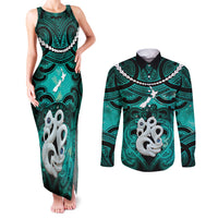 Personalised Maori Matariki Manaia Turquoise Couples Matching Tank Maxi Dress and Long Sleeve Button Shirt Maori Kowhaiwhai Pattern Galaxy LT01 Turquoise - Polynesian Pride