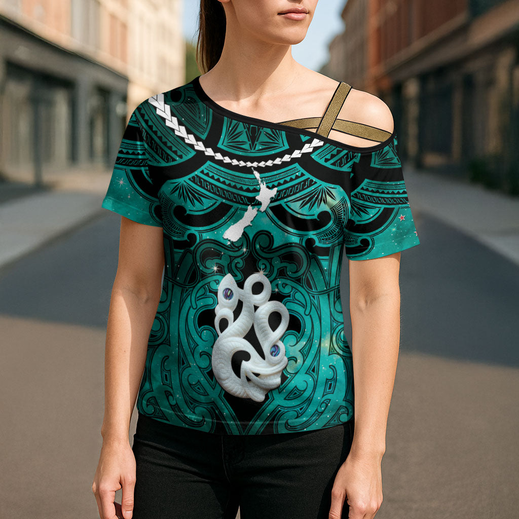 Personalised Maori Matariki Manaia Turquoise Cross Shoulder Shirt Maori Kowhaiwhai Pattern Galaxy