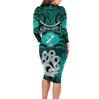 Personalised Maori Matariki Manaia Turquoise Family Matching Long Sleeve Bodycon Dress and Hawaiian Shirt Maori Kowhaiwhai Pattern Galaxy LT01 - Polynesian Pride