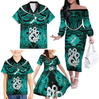 Personalised Maori Matariki Manaia Turquoise Family Matching Off The Shoulder Long Sleeve Dress and Hawaiian Shirt Maori Kowhaiwhai Pattern Galaxy LT01 - Polynesian Pride