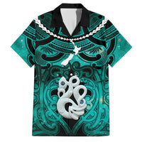 Personalised Maori Matariki Manaia Turquoise Family Matching Off The Shoulder Long Sleeve Dress and Hawaiian Shirt Maori Kowhaiwhai Pattern Galaxy LT01 Dad's Shirt - Short Sleeve Turquoise - Polynesian Pride