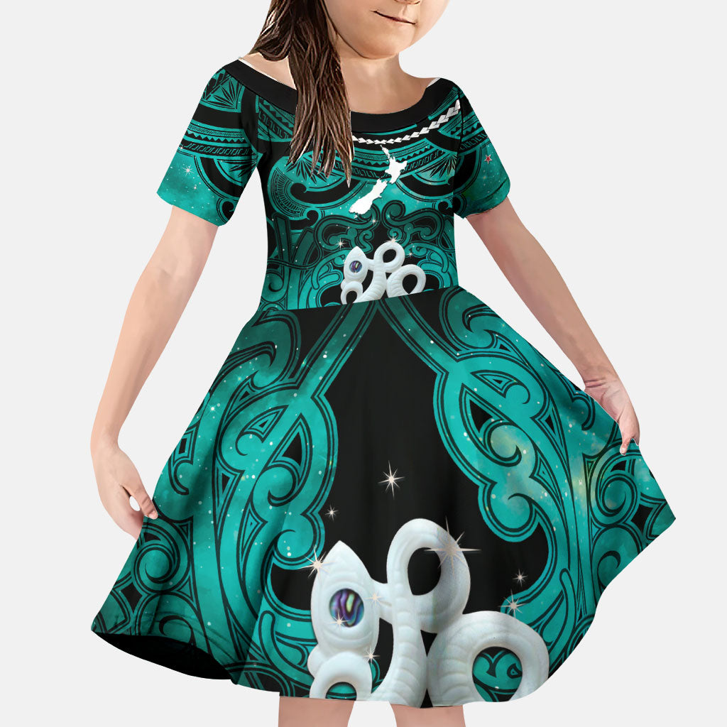 Personalised Maori Matariki Manaia Turquoise Family Matching Off Shoulder Maxi Dress and Hawaiian Shirt Maori Kowhaiwhai Pattern Galaxy