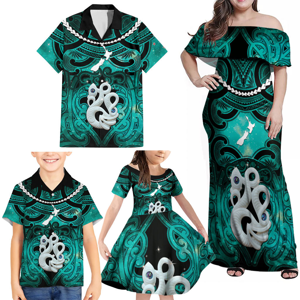 Personalised Maori Matariki Manaia Turquoise Family Matching Off Shoulder Maxi Dress and Hawaiian Shirt Maori Kowhaiwhai Pattern Galaxy