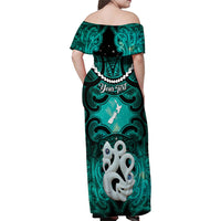 Personalised Maori Matariki Manaia Turquoise Family Matching Off Shoulder Maxi Dress and Hawaiian Shirt Maori Kowhaiwhai Pattern Galaxy