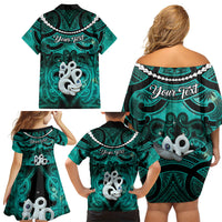 Personalised Maori Matariki Manaia Turquoise Family Matching Off Shoulder Short Dress and Hawaiian Shirt Maori Kowhaiwhai Pattern Galaxy