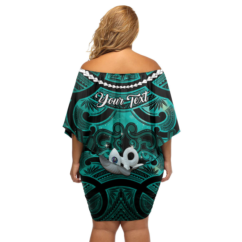 Personalised Maori Matariki Manaia Turquoise Family Matching Off Shoulder Short Dress and Hawaiian Shirt Maori Kowhaiwhai Pattern Galaxy