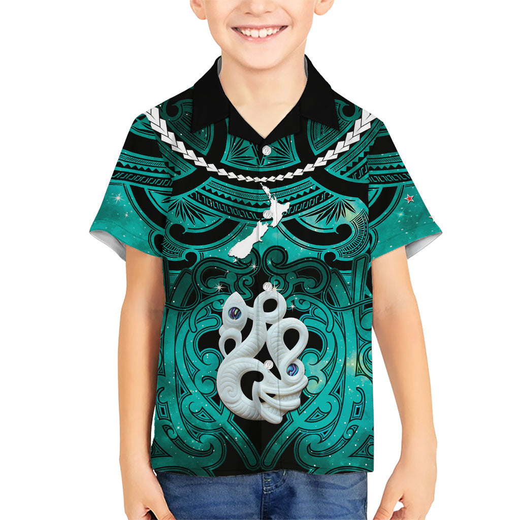 Personalised Maori Matariki Manaia Turquoise Family Matching Off Shoulder Short Dress and Hawaiian Shirt Maori Kowhaiwhai Pattern Galaxy