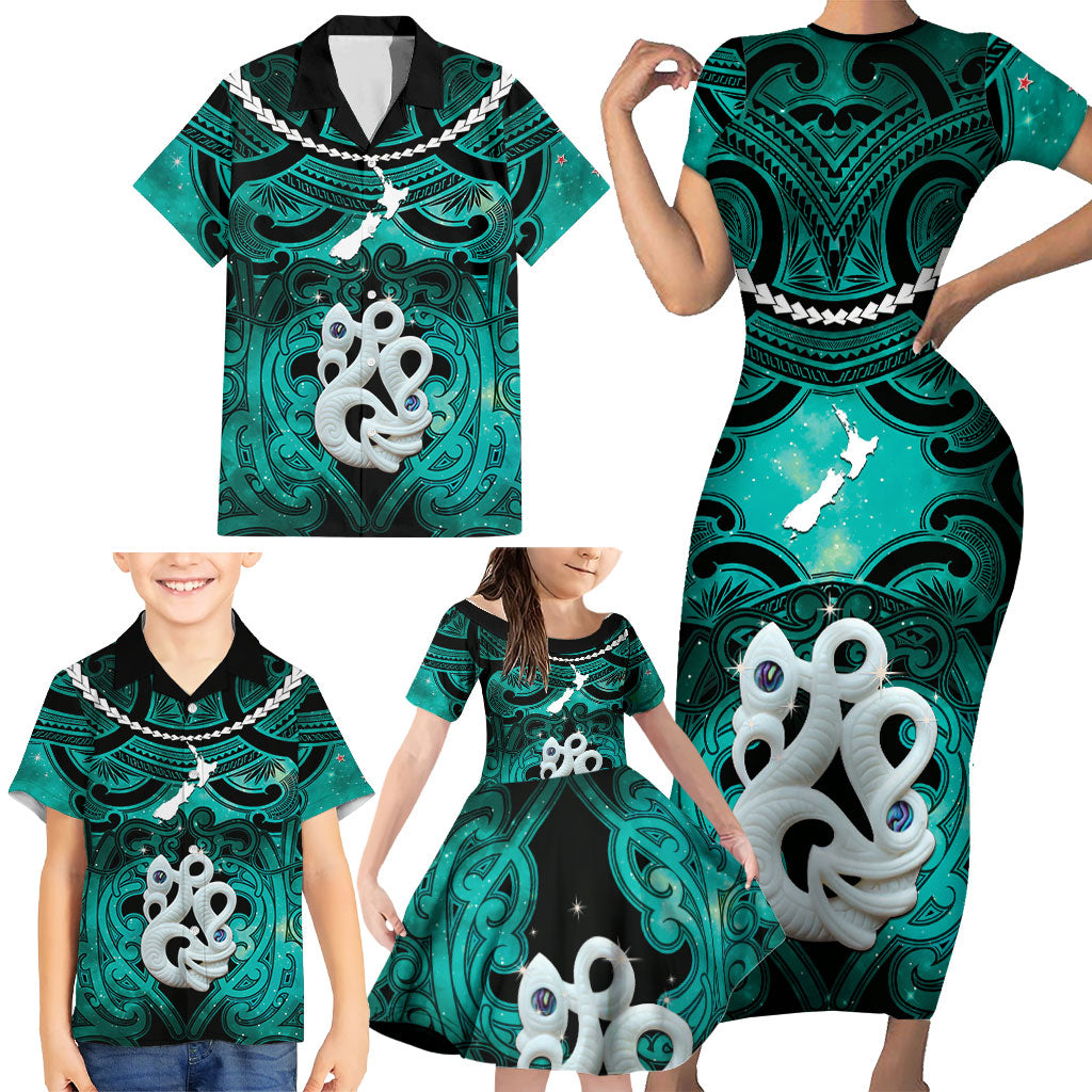 Personalised Maori Matariki Manaia Turquoise Family Matching Short Sleeve Bodycon Dress and Hawaiian Shirt Maori Kowhaiwhai Pattern Galaxy LT01 - Polynesian Pride