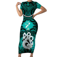 Personalised Maori Matariki Manaia Turquoise Family Matching Short Sleeve Bodycon Dress and Hawaiian Shirt Maori Kowhaiwhai Pattern Galaxy LT01 Mom's Dress Turquoise - Polynesian Pride