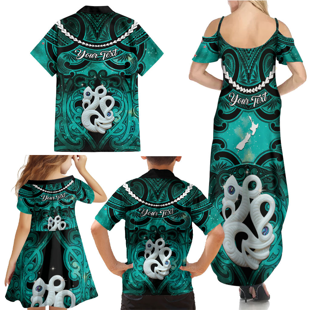 Personalised Maori Matariki Manaia Turquoise Family Matching Summer Maxi Dress and Hawaiian Shirt Maori Kowhaiwhai Pattern Galaxy