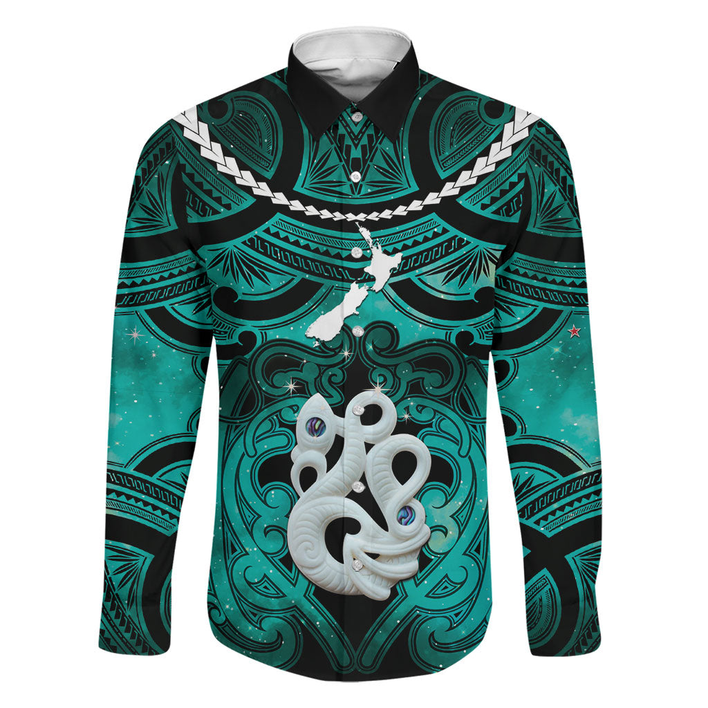 Personalised Maori Matariki Manaia Turquoise Family Matching Summer Maxi Dress and Hawaiian Shirt Maori Kowhaiwhai Pattern Galaxy