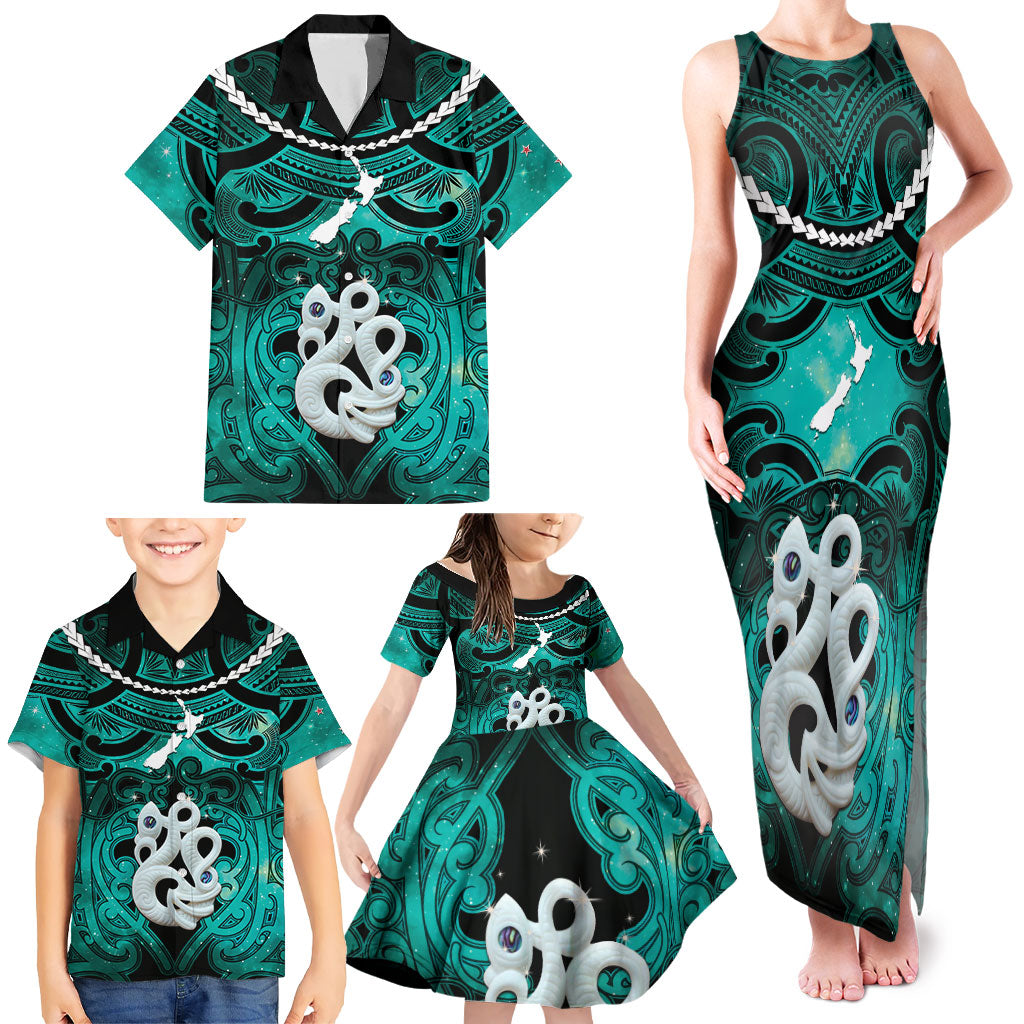 Personalised Maori Matariki Manaia Turquoise Family Matching Tank Maxi Dress and Hawaiian Shirt Maori Kowhaiwhai Pattern Galaxy