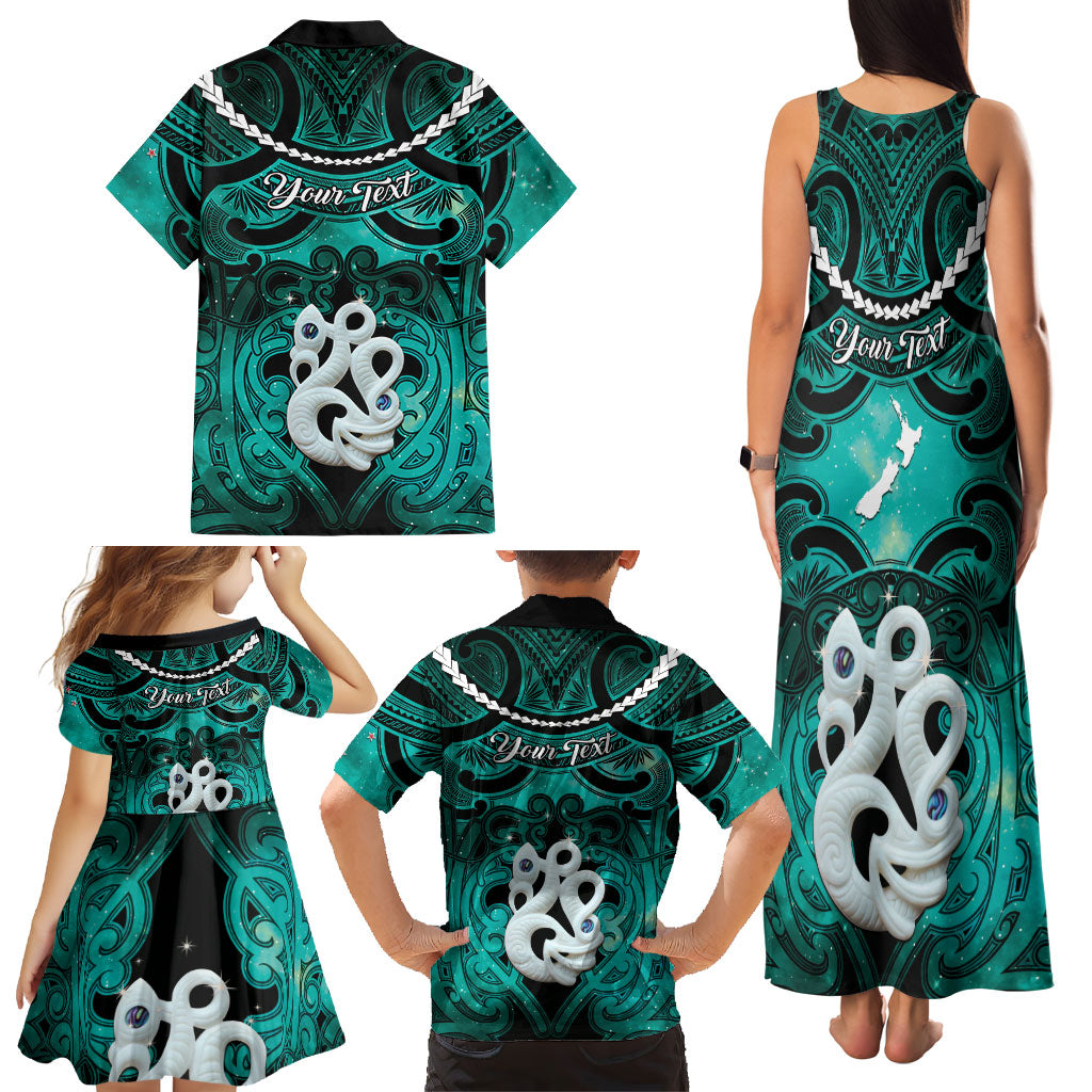 Personalised Maori Matariki Manaia Turquoise Family Matching Tank Maxi Dress and Hawaiian Shirt Maori Kowhaiwhai Pattern Galaxy