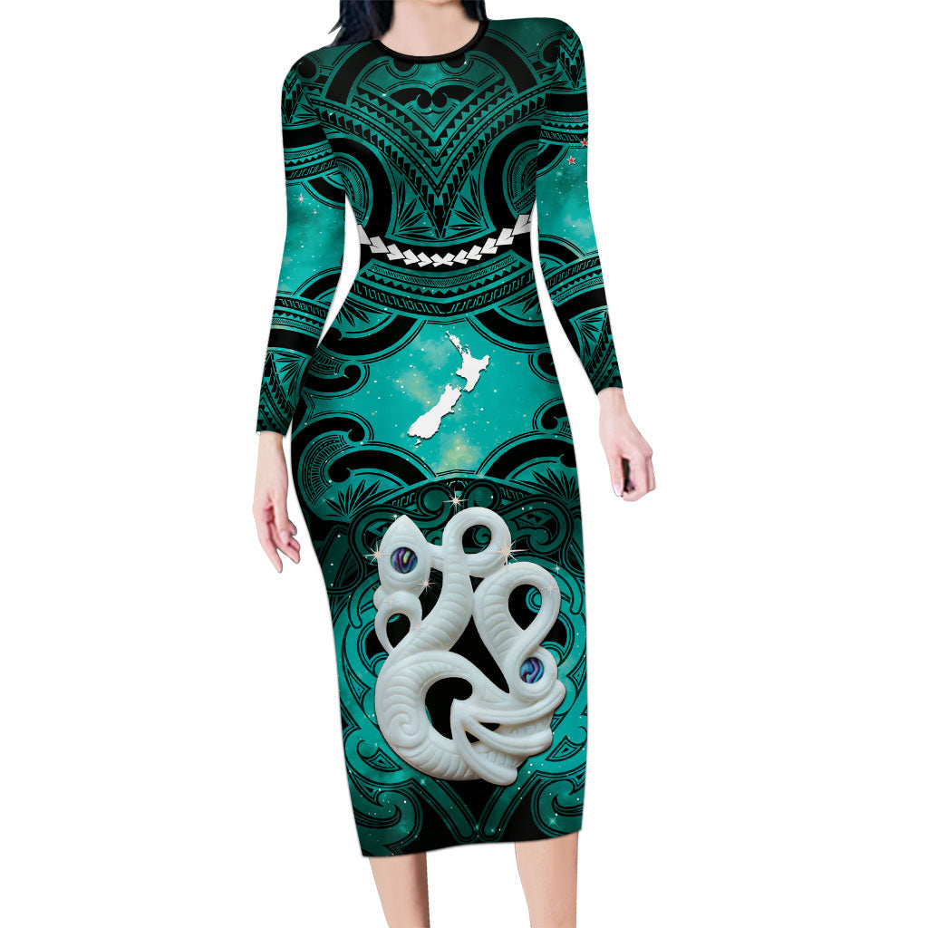 Personalised Maori Matariki Manaia Turquoise Long Sleeve Bodycon Dress Maori Kowhaiwhai Pattern Galaxy