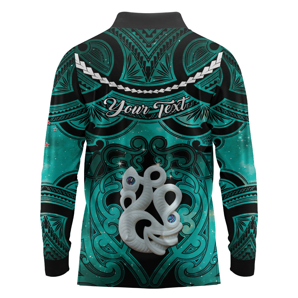 Personalised Maori Matariki Manaia Turquoise Long Sleeve Polo Shirt Maori Kowhaiwhai Pattern Galaxy
