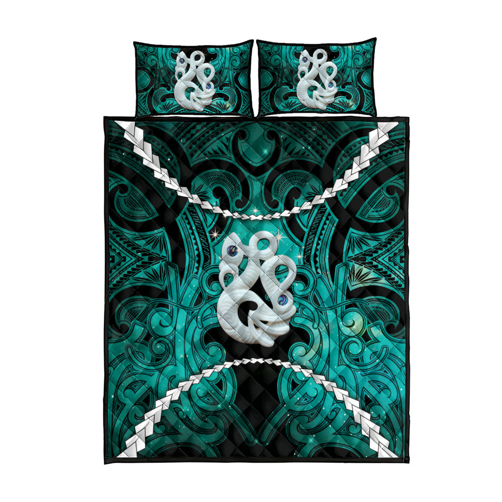 Maori Matariki Manaia Turquoise Quilt Bed Set Maori Kowhaiwhai Pattern Galaxy