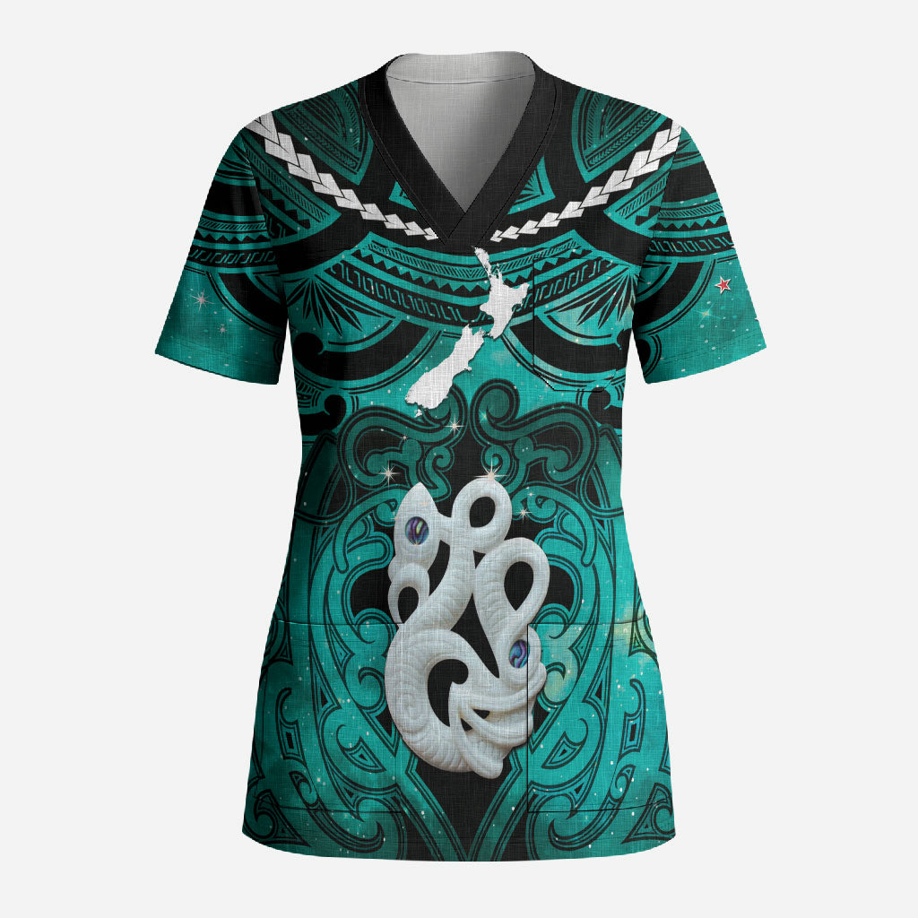 Personalised Maori Matariki Manaia Turquoise Scrub Top Maori Kowhaiwhai Pattern Galaxy
