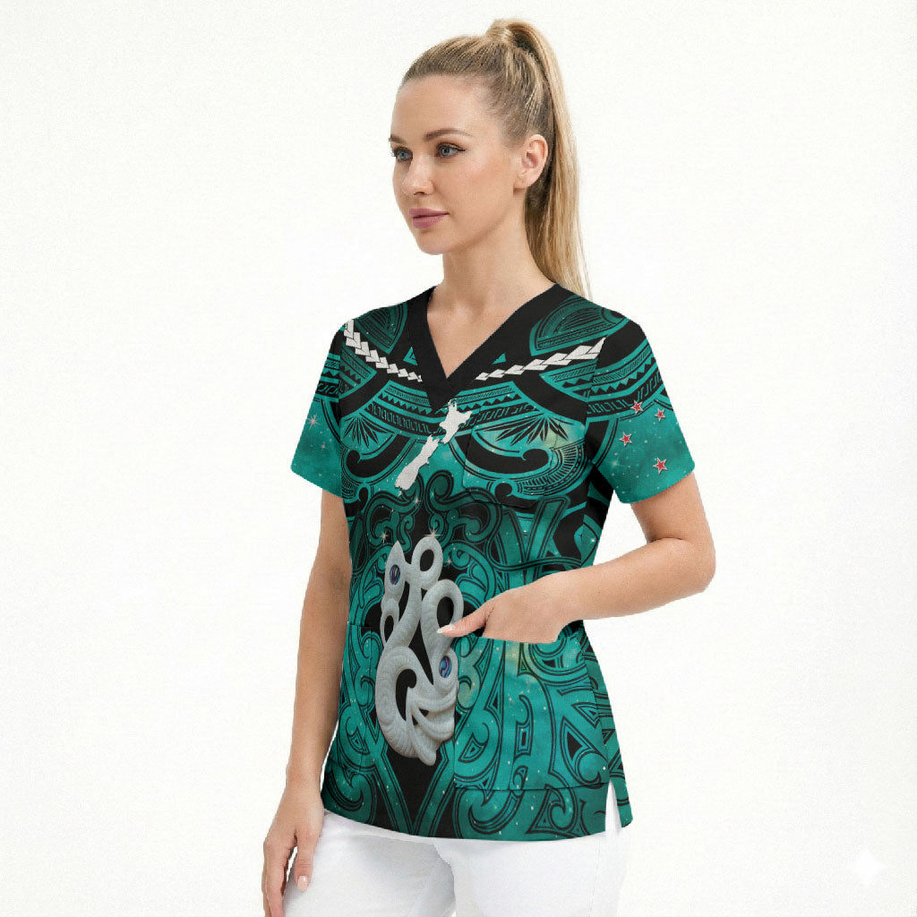 Personalised Maori Matariki Manaia Turquoise Scrub Top Maori Kowhaiwhai Pattern Galaxy
