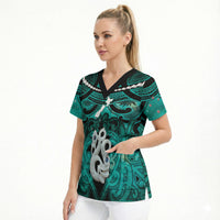 Personalised Maori Matariki Manaia Turquoise Scrub Top Maori Kowhaiwhai Pattern Galaxy