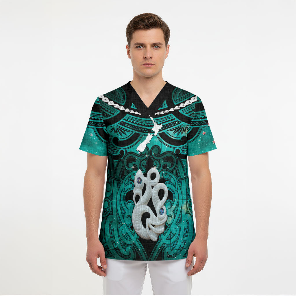 Personalised Maori Matariki Manaia Turquoise Scrub Top Maori Kowhaiwhai Pattern Galaxy