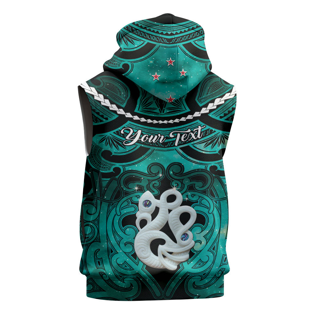 Personalised Maori Matariki Manaia Turquoise Sleeveless Hoodie Maori Kowhaiwhai Pattern Galaxy