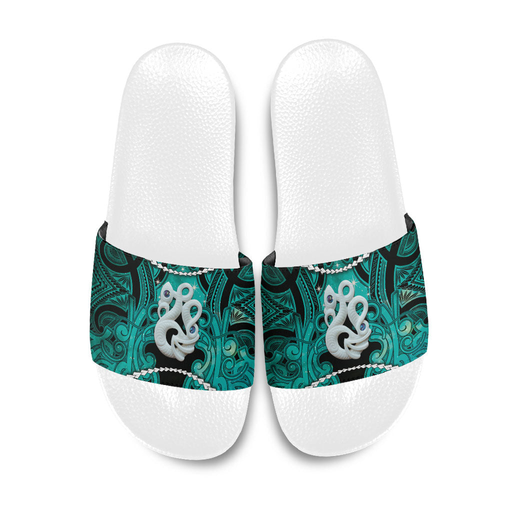 Maori Matariki Manaia Turquoise Slide Sandals Maori Kowhaiwhai Pattern Galaxy