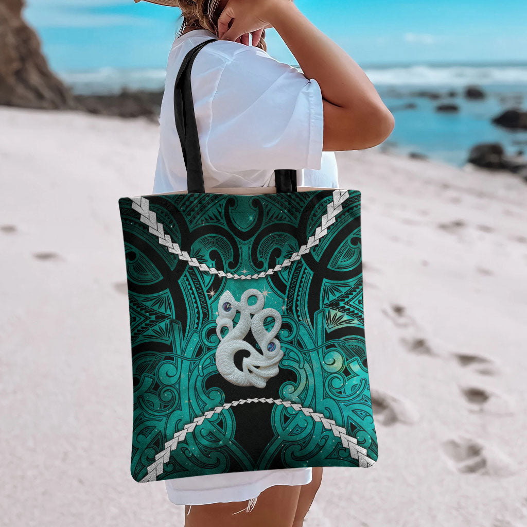 Maori Matariki Manaia Turquoise Tote Bag Maori Kowhaiwhai Pattern Galaxy LT01 - Polynesian Pride