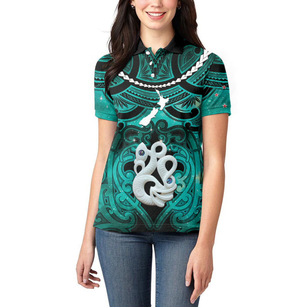 Personalised Maori Matariki Manaia Turquoise Women Polo Shirt Maori Kowhaiwhai Pattern Galaxy LT01 - Polynesian Pride