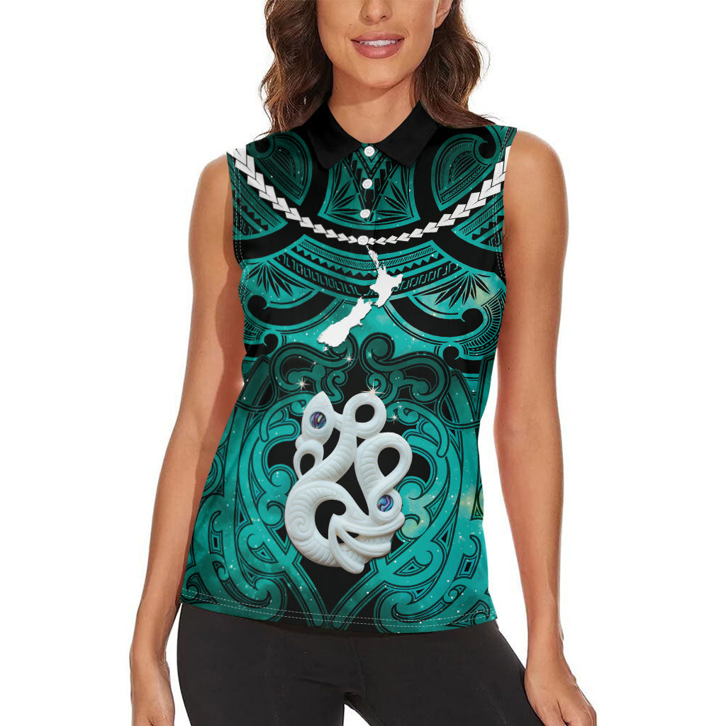 Personalised Maori Matariki Manaia Turquoise Women Sleeveless Polo Shirt Maori Kowhaiwhai Pattern Galaxy LT01 - Polynesian Pride