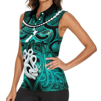 Personalised Maori Matariki Manaia Turquoise Women Sleeveless Polo Shirt Maori Kowhaiwhai Pattern Galaxy LT01 - Polynesian Pride