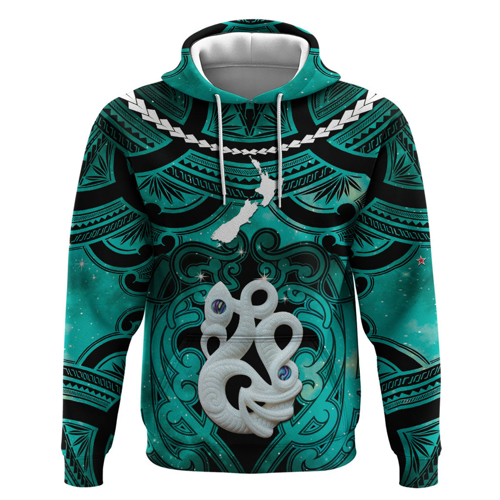 Personalised Maori Matariki Manaia Turquoise Zip Hoodie Maori Kowhaiwhai Pattern Galaxy