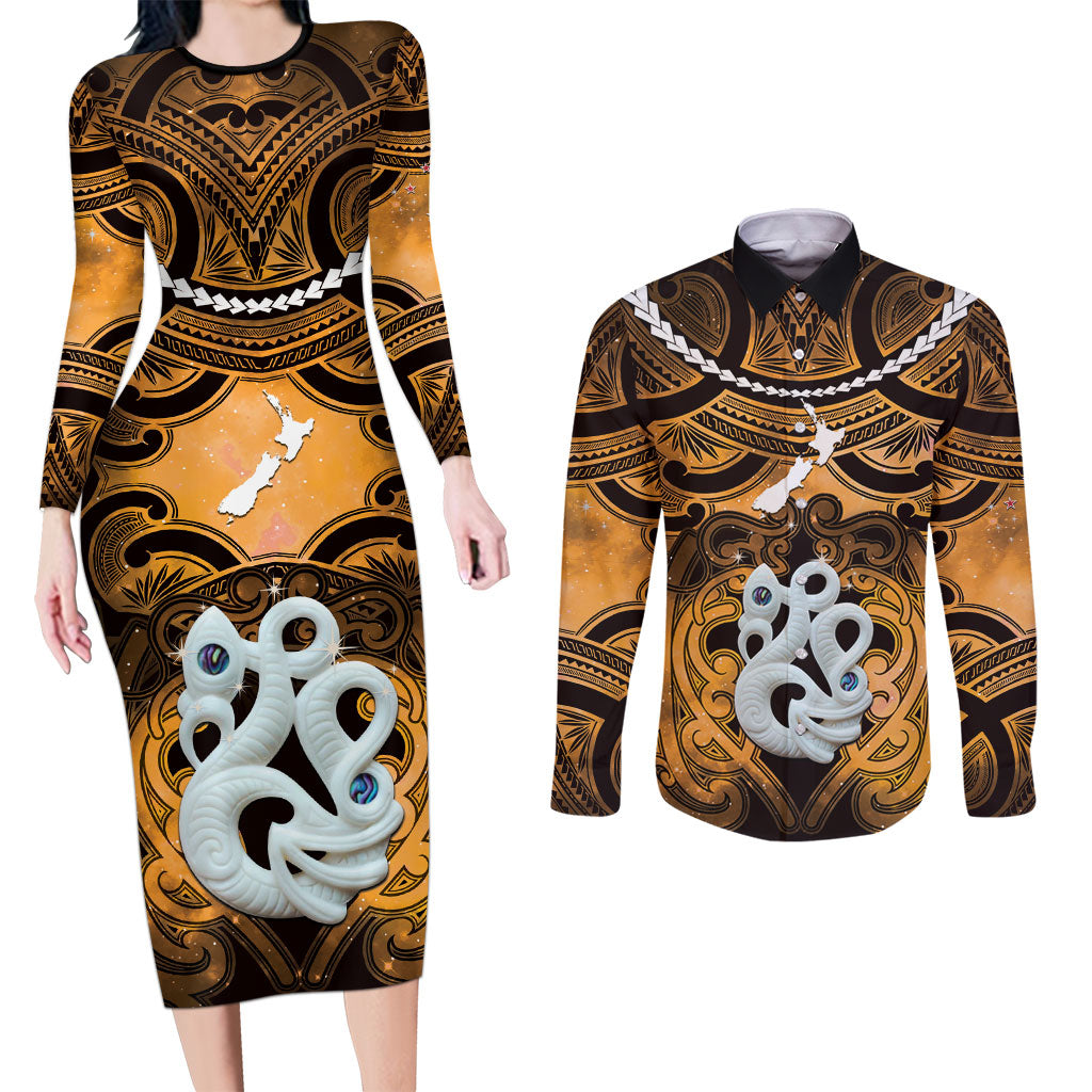 Personalised Maori Matariki Manaia Kowhai Couples Matching Long Sleeve Bodycon Dress and Long Sleeve Button Shirt Maori Kowhaiwhai Pattern Galaxy LT01 Yellow - Polynesian Pride