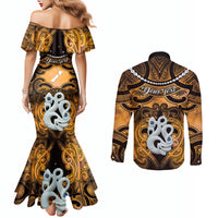 Personalised Maori Matariki Manaia Kowhai Couples Matching Mermaid Dress and Long Sleeve Button Shirt Maori Kowhaiwhai Pattern Galaxy LT01 - Polynesian Pride