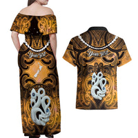 Personalised Maori Matariki Manaia Kowhai Couples Matching Off Shoulder Maxi Dress and Hawaiian Shirt Maori Kowhaiwhai Pattern Galaxy LT01 - Polynesian Pride
