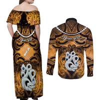 Personalised Maori Matariki Manaia Kowhai Couples Matching Off Shoulder Maxi Dress and Long Sleeve Button Shirt Maori Kowhaiwhai Pattern Galaxy LT01 - Polynesian Pride