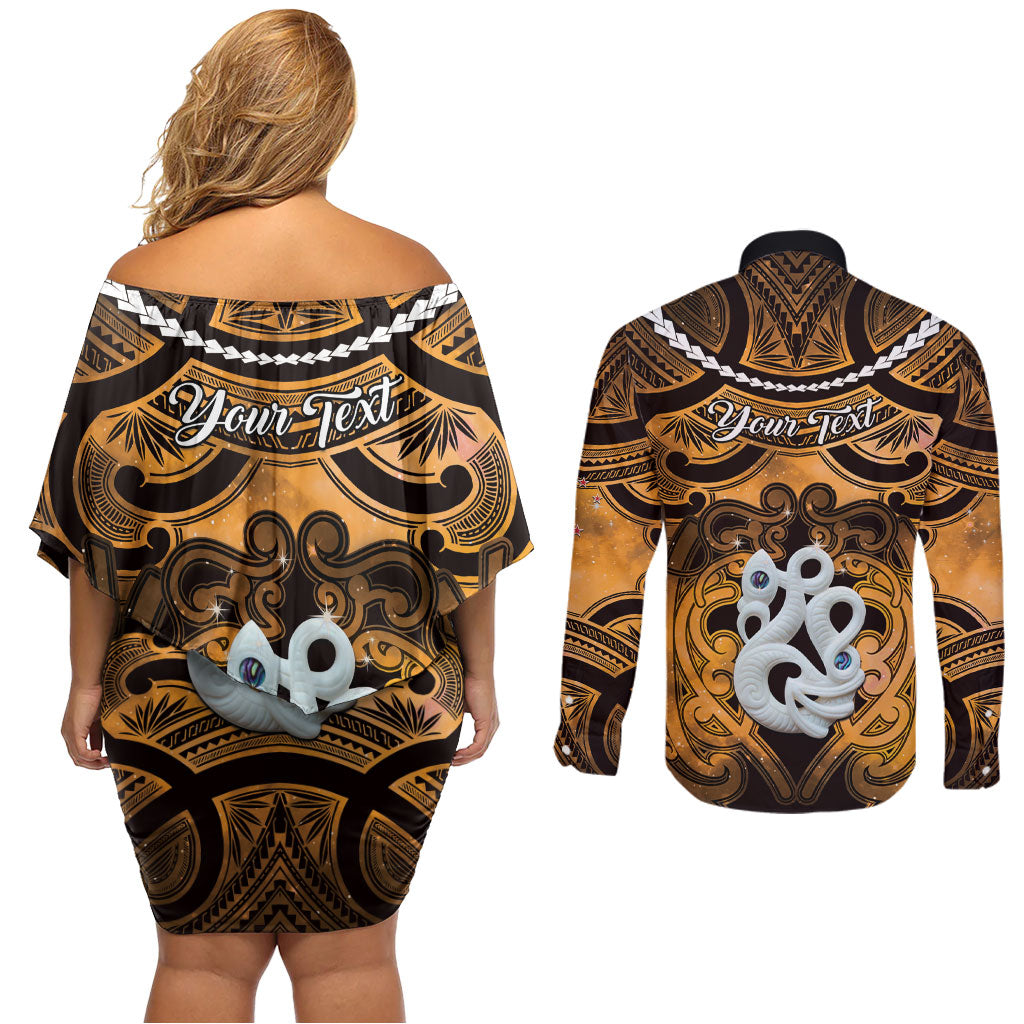 Personalised Maori Matariki Manaia Kowhai Couples Matching Off Shoulder Short Dress and Long Sleeve Button Shirt Maori Kowhaiwhai Pattern Galaxy LT01 - Polynesian Pride
