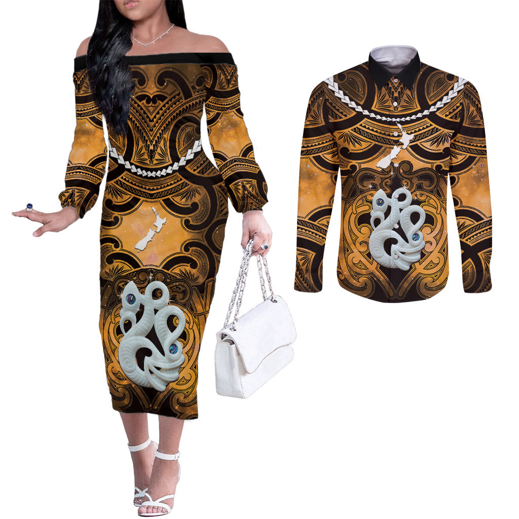 Personalised Maori Matariki Manaia Kowhai Couples Matching Off The Shoulder Long Sleeve Dress and Long Sleeve Button Shirt Maori Kowhaiwhai Pattern Galaxy