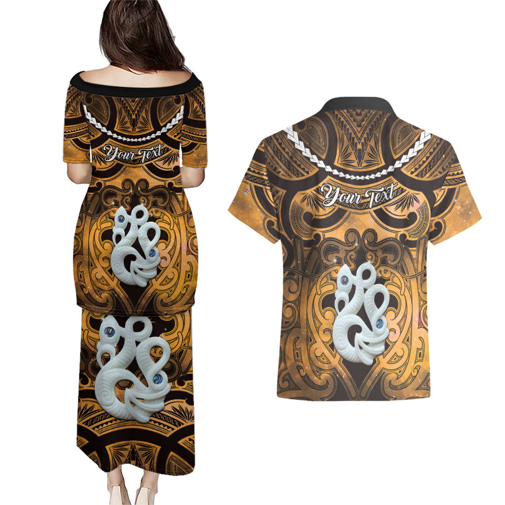 Personalised Maori Matariki Manaia Kowhai Couples Matching Puletasi and Hawaiian Shirt Maori Kowhaiwhai Pattern Galaxy