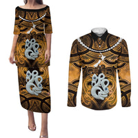 Personalised Maori Matariki Manaia Kowhai Couples Matching Puletasi and Long Sleeve Button Shirt Maori Kowhaiwhai Pattern Galaxy LT01 Yellow - Polynesian Pride