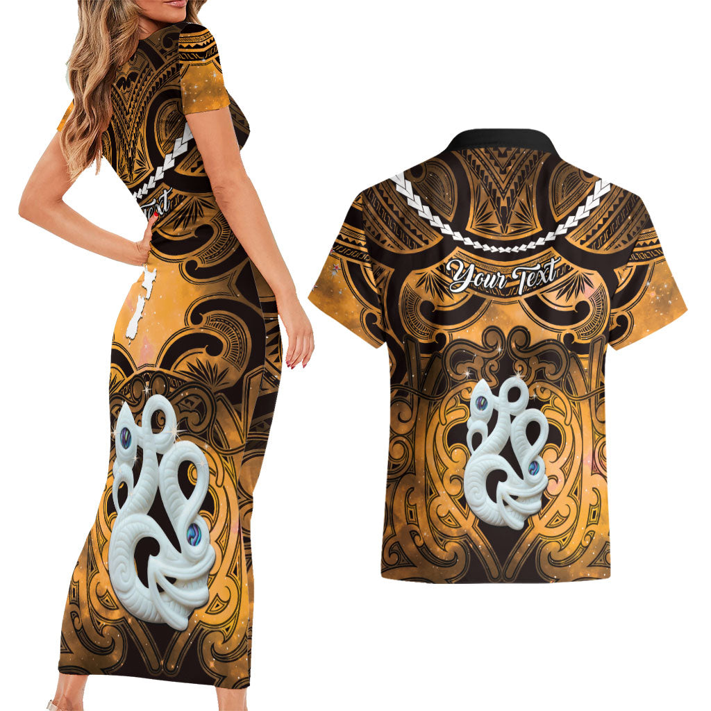 Personalised Maori Matariki Manaia Kowhai Couples Matching Short Sleeve Bodycon Dress and Hawaiian Shirt Maori Kowhaiwhai Pattern Galaxy