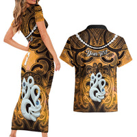 Personalised Maori Matariki Manaia Kowhai Couples Matching Short Sleeve Bodycon Dress and Hawaiian Shirt Maori Kowhaiwhai Pattern Galaxy