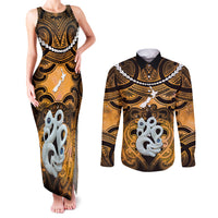 Personalised Maori Matariki Manaia Kowhai Couples Matching Tank Maxi Dress and Long Sleeve Button Shirt Maori Kowhaiwhai Pattern Galaxy LT01 Yellow - Polynesian Pride