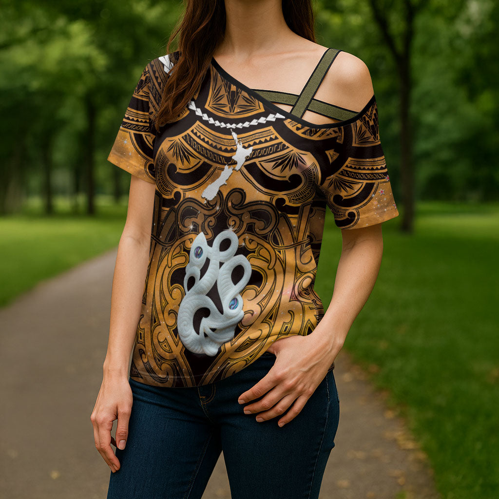 Personalised Maori Matariki Manaia Kowhai Cross Shoulder Shirt Maori Kowhaiwhai Pattern Galaxy
