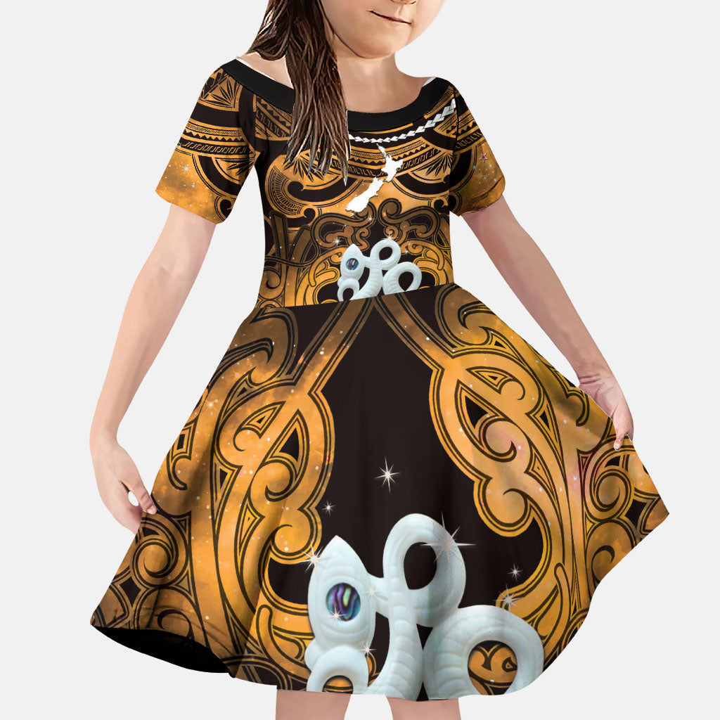 Personalised Maori Matariki Manaia Kowhai Family Matching Long Sleeve Bodycon Dress and Hawaiian Shirt Maori Kowhaiwhai Pattern Galaxy LT01 Daughter's Dress Yellow - Polynesian Pride