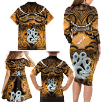 Personalised Maori Matariki Manaia Kowhai Family Matching Long Sleeve Bodycon Dress and Hawaiian Shirt Maori Kowhaiwhai Pattern Galaxy LT01 - Polynesian Pride